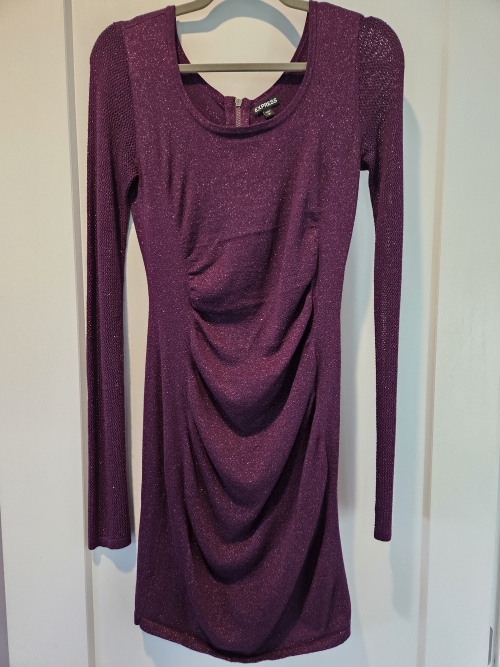 Purple Metallic Shimmer Ruched Bodycon Sweater Dress